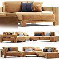 Tan Sectional Sofa With Soft Fabric Modular Design And Blue Gray Decorative Pillows 3d model