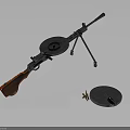 Vintage Machine Gun With Round Drum Magazine Tripod Wooden Stock And Bullets