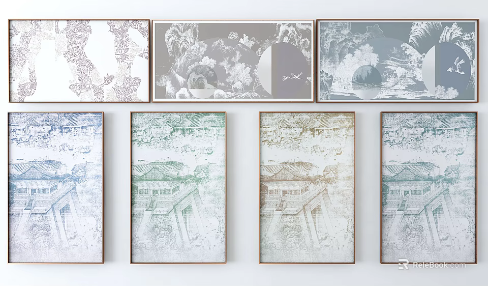 Chinese Style Decorative Wall Art Prints With Various Patterns And Frames Hanging On White Wall 3d model