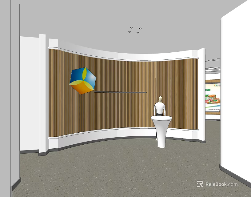 Curved Wooden Wall With Colorful Geometric Decoration And White Display Stand With Mannequin 3d model 