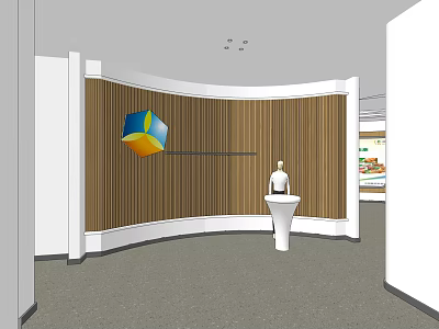 Curved Wooden Wall With Colorful Geometric Decoration And White Display Stand With Mannequin 3d model