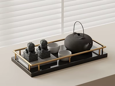 Stylish Black Teapot And Teacups On Gold Framed Tray With Decorative Figurines By White Blinds 3d model