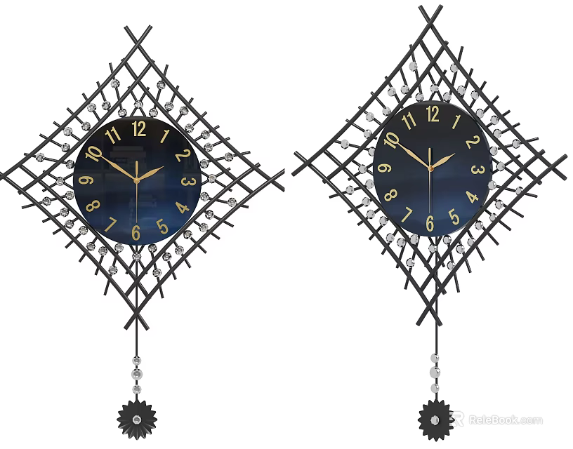 Two Decorative Wall Clocks With Dark Dial Metal Lattice Diamond Frame And Pendulum 3d model