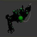 Mechanical Creature Character With Green Head Black Armor Glowing Accents And Chain
