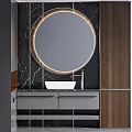 Modern Bathroom Vanity With Round Mirror Marble Countertop Grey Cabinets And Wooden Accents