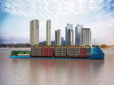 Container Ship With Colorful Containers Sailing On River Near City Skyline 3d model