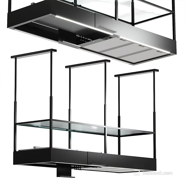 Modern Kitchen Interior Design With Glass Shelves Black Frames And Appliances 3d model