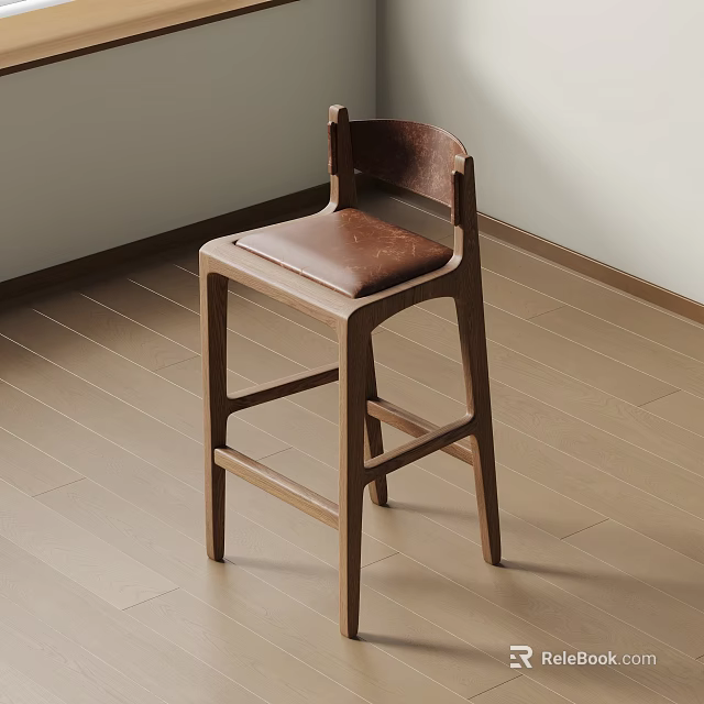 Modern Wooden Bar Stool With Brown Leather Seat And Minimalist Design 3d model 