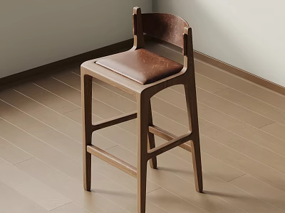 Modern Wooden Bar Stool With Brown Leather Seat And Minimalist Design 3d model