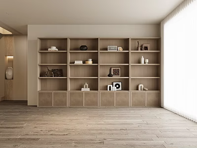 Modern Minimalist Wooden Bookshelf With Open Shelves Books Decorations And Natural Light 3d model