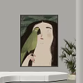 Interior Decorative Painting Featuring Woman Green Parrot And Leaves Background
