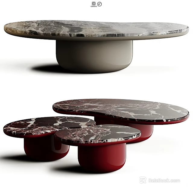 Modern Marble Coffee Tables With Circular Oval Shapes And Gray Red Pedestal Bases 3d model 