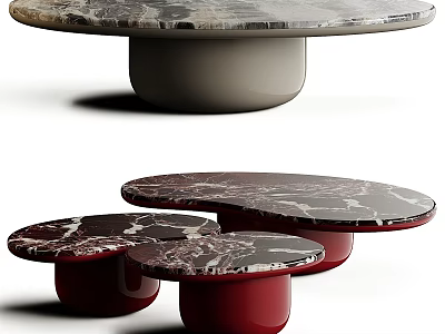 Modern Marble Coffee Tables With Circular Oval Shapes And Gray Red Pedestal Bases 3d model