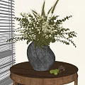 Unique Textured Vase with Dried Flowers on Wooden Round Table by Window Blinds