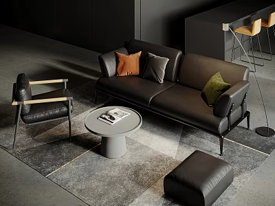 Modern Black Sofa Coffee Table Set In Living Room With Colorful Cushions Armchair And Rug 3d model