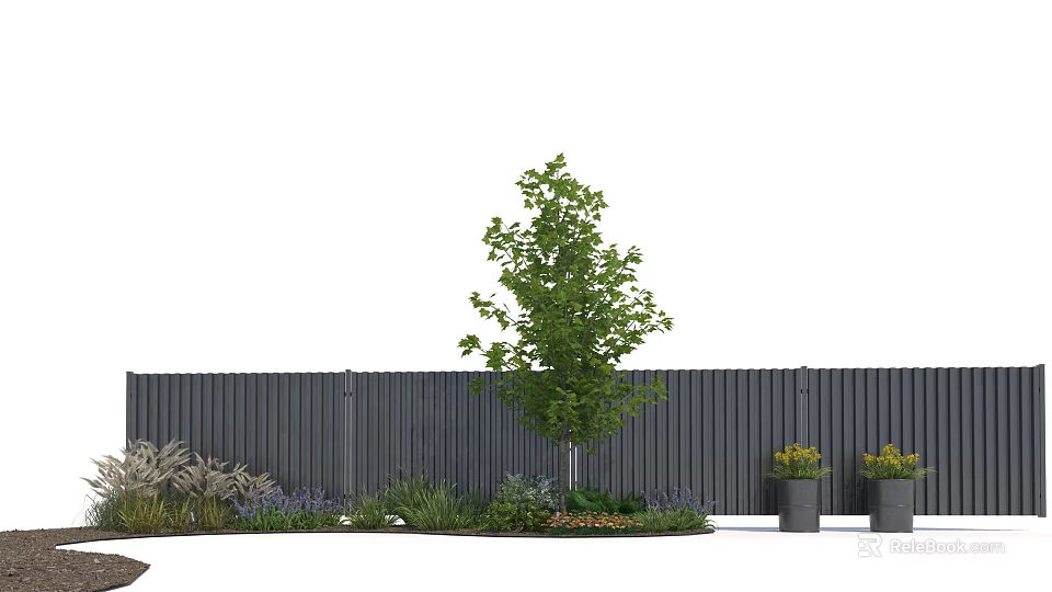 Beautiful Flowers And Lush Green Plants In Garden With Fence And Potted Decor 3d model 