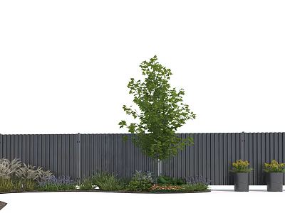 Beautiful Flowers And Lush Green Plants In Garden With Fence And Potted Decor 3d model
