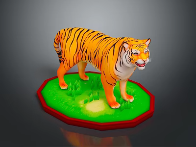 Tiger Toy Model With Orange Black Stripes Standing On Green Grass Base 3d model