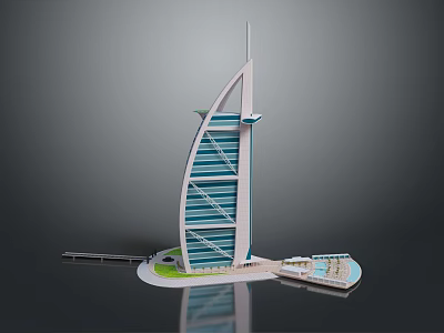 Cartoon Scene Featuring Burj Al Arab Building Model With Green Lawn And Water Area 3d model