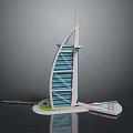 Cartoon Scene Featuring Burj Al Arab Building Model With Green Lawn And Water Area