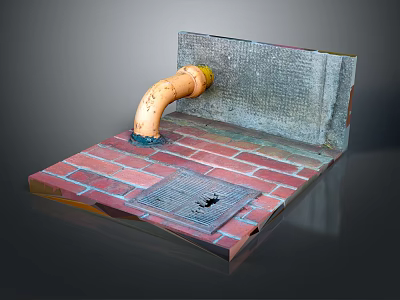 Orange Curved Pipe On Brick Floor With Textured Wall And Metal Grate 3d model