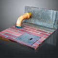 Orange Curved Pipe On Brick Floor With Textured Wall And Metal Grate