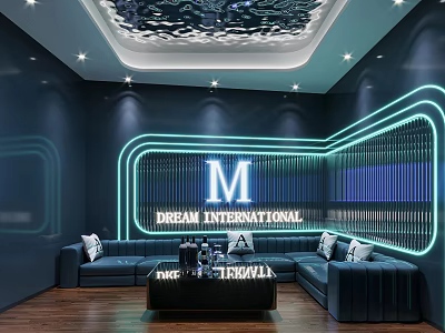 Modern KTV Room Design With Neon Lights And Blue Sofas 3d model