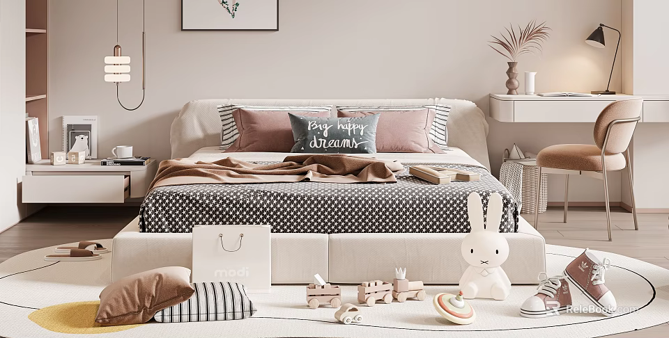 Cozy Kids Bed with Polka Dot Bedspread Plush Rabbit Toy and Wooden Building Blocks 3d model 