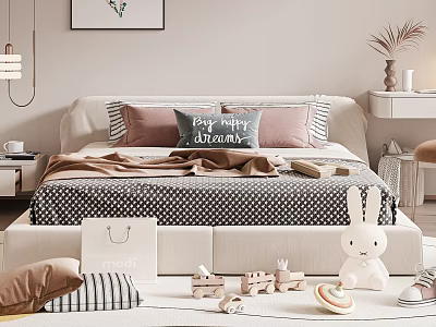 Cozy Kids Bed with Polka Dot Bedspread Plush Rabbit Toy and Wooden Building Blocks 3d model