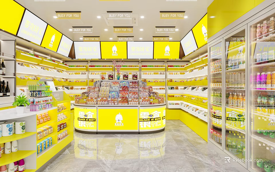 Yellow Themed Mall Retail Store With Bright Lighting And Product Displays 3d model 