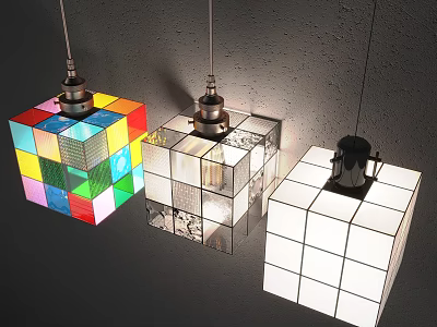 Cube Shaped Pendant Lights With Colorful Transparent And White Glass Panel Designs 3d model