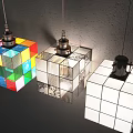 Cube Shaped Pendant Lights With Colorful Transparent And White Glass Panel Designs