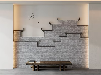 Traditional Chinese Background Wall With Gray Brick Tiered Eaves Flying Birds Decoration And Wooden Bench 3d model