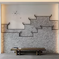 Traditional Chinese Background Wall With Gray Brick Tiered Eaves Flying Birds Decoration And Wooden Bench