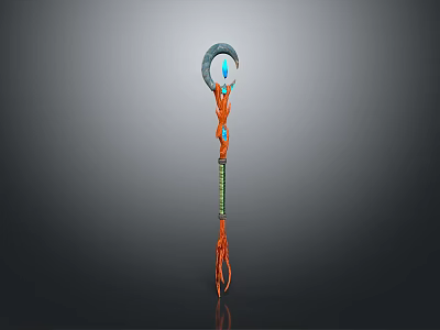 Magic Staff Weapon With Circular Top Orange Decorative Elements And Blue Glowing Tassels 3d model