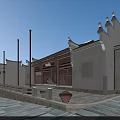 Traditional Ancient Architecture Featuring Classic Curved Cornices Stone Paved Ground And Wooden Doors