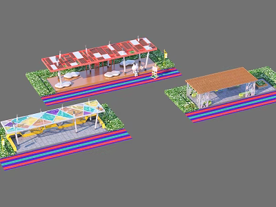 Various Pergola Designs With Colorful Roofs Wooden Structures And Grass Surroundings 3d model