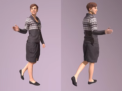 Woman Wearing Patterned Sweater Dark Vest Dark Skirt And Black Shoes Walking Full Body 3d model