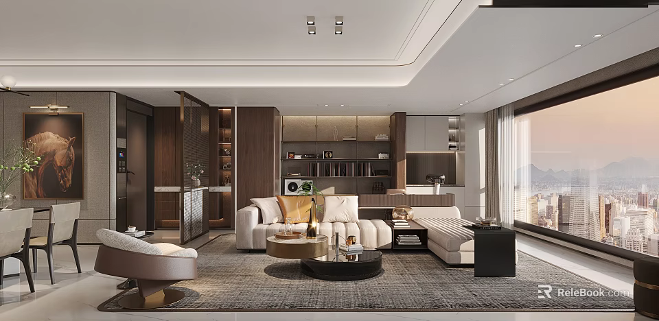 Modern Living and Dining Room Interior With Sofa Coffee Table Bookshelf And Large Window 3d model 