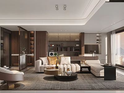 Modern Living and Dining Room Interior With Sofa Coffee Table Bookshelf And Large Window 3d model