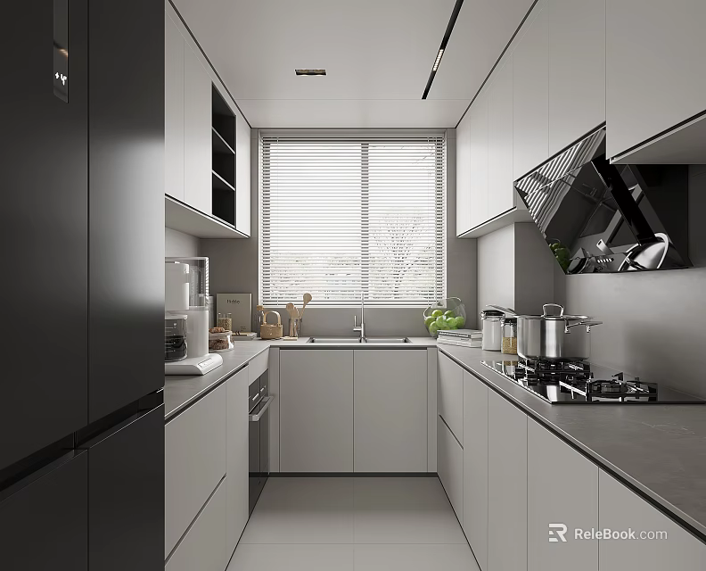 Modern Kitchen Interior With White And Gray Cabinets Window Blinds Stove And Countertop 3d model 