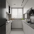 Modern Kitchen Interior With White And Gray Cabinets Window Blinds Stove And Countertop