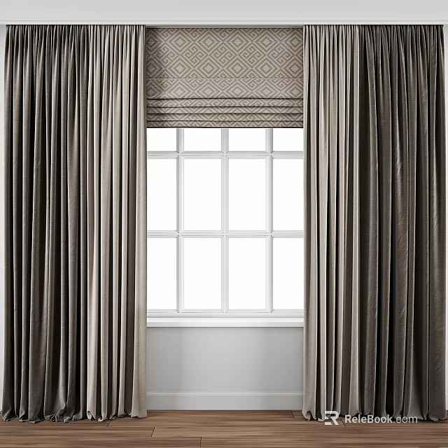 Dark Curtains With Geometric Pattern Roller Blind And White Window Panes 3d model