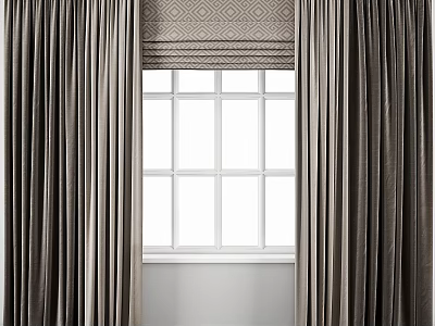 Dark Curtains With Geometric Pattern Roller Blind And White Window Panes 3d model