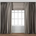 Dark Curtains With Geometric Pattern Roller Blind And White Window Panes 3d model