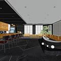 Japanese Style Restaurant Interior With Wooden Bar Counter Green Plants And Boat Shaped Decor