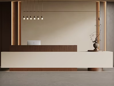 Modern Reception Desk With Minimalist Design Wooden Elements Pendant Lights And Vase Decoration 3d model