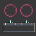Modern Bathroom Vanity With Double Sinks Round Illuminated Mirrors And Marble Countertop
