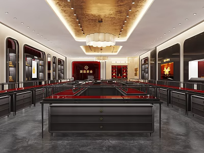 Luxurious Jewelry Store Interior Design With Glass Display Cases Red Counters And Elegant Lighting 3d model