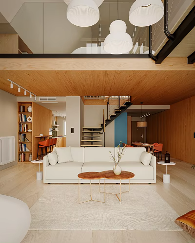 Modern Loft Apartment with Wooden Ceiling Staircase Open Living Kitchen and Dining Area 3d model